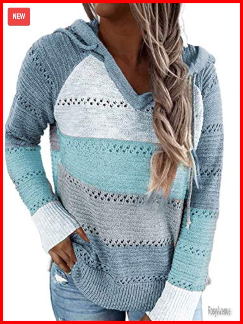 Women's Striped Crochet Pullover Hoodie Sweater Long Sleeve Casual